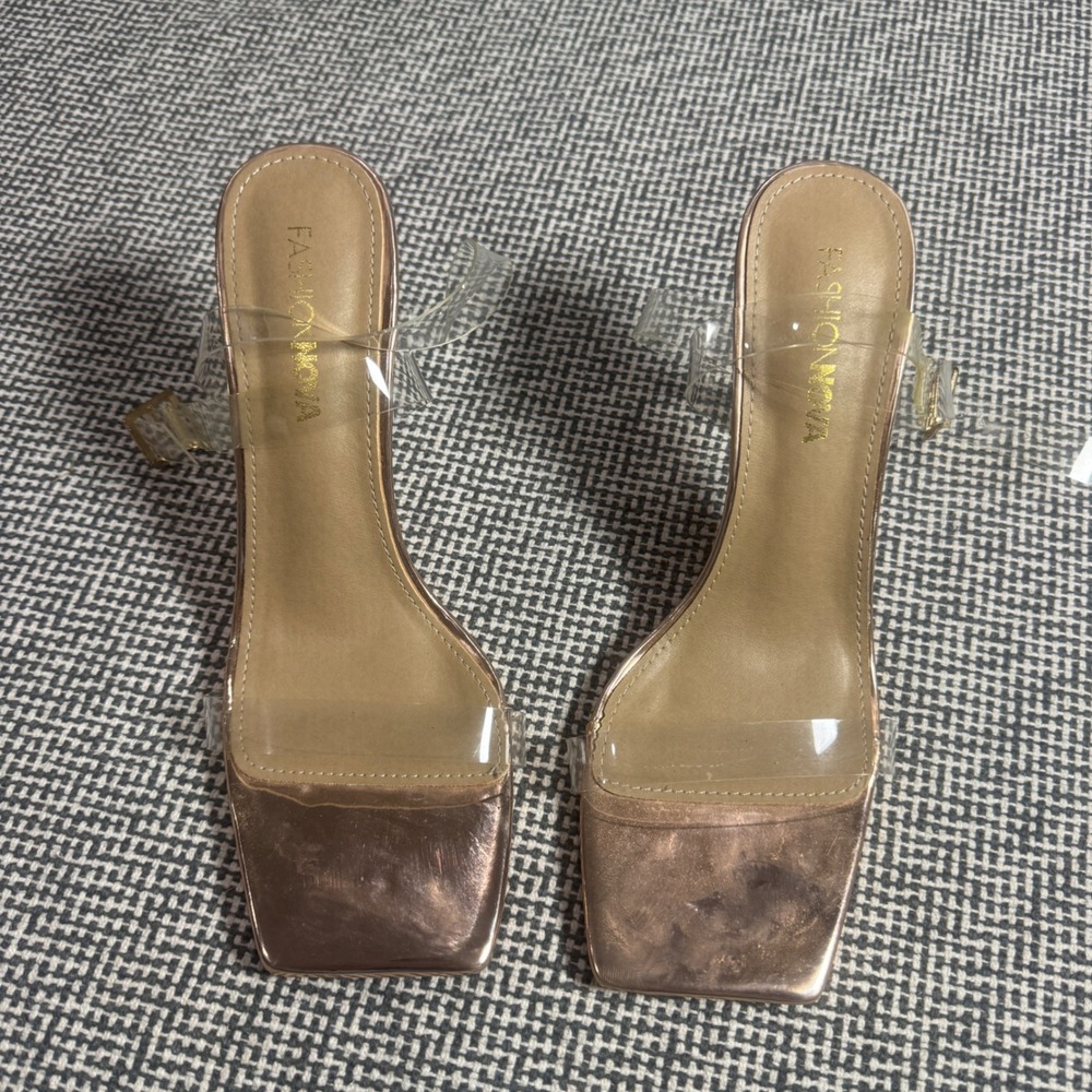 Fashion Nova Isabelle101 Rose Gold Clear Square Toe Heeled Sandals 8.5